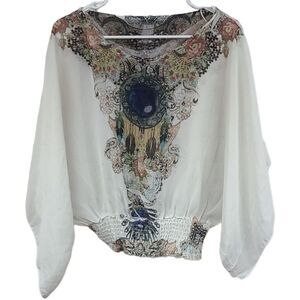 Dreamcatcher Tribal Print Sheer Chiffon Dolman Smocked Blouse Western Boho Top